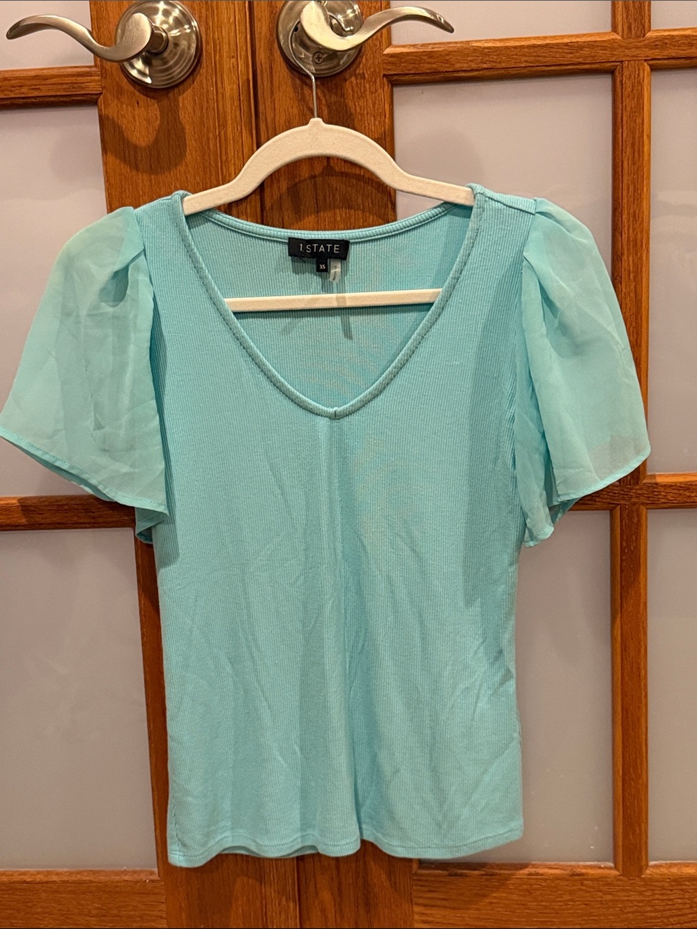 STATE Light Aqua V-Neck Top with Sheer Puff Sleeves NWOT
